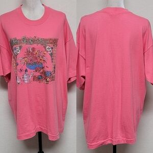 90s Vintage FOTL Pink Cotton Metallic Floral Garden Crewneck Single Stitch Tee